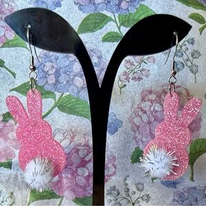 Glittery Pink Spring Easter Bunny Rabbits With Fluffy Pom Pom Tails Earrings 🐰